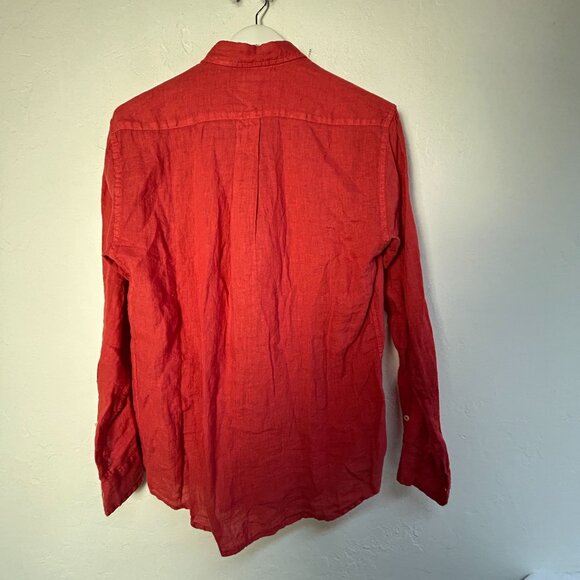 TP'S Mens Linen Red Long Sleeve Button-Down Shirt Medium Eco-Wash Natural Fit - Picture 2 of 7